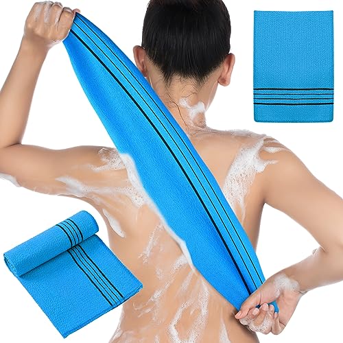 Hosuly Long Exfoliating Back Washcloth Bath Towel and Korean Exfoliating Mitt Italy Towel Korean Wash Cloth Korean Body Scrubber for Women Men Shower Dead Skin Removing Dry Skin (Blue) - style: Blue