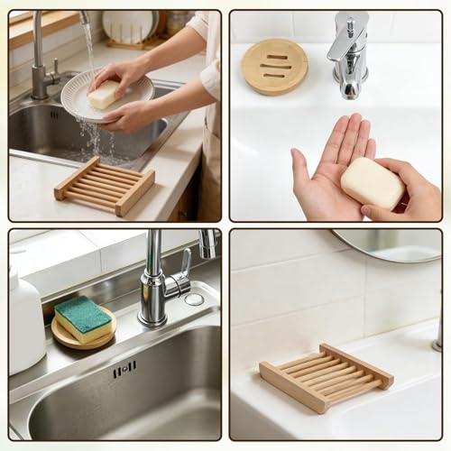Bar Soap Holder for Shower 2Pcs, Round and Square Bamboo Soap Dish Saver Tray, Self Draining Countertop Soap Tray, Water Resistant Natural Wood Soap Saver Container for Bathroom Kitchen