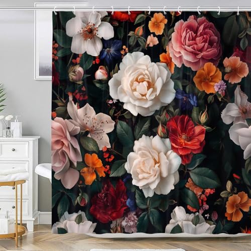 Vintage Black Floral Shower Curtain, Boho Dark Flowers Botanical Bathroom Decor Shower Curtain Sets, Waterproof Fabric Bathroom Curtain with Hooks, 72 x 72 inch - color: Floral Black, size: 72"W x 72"L (Pack of 1)