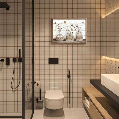 BJVJKSU Framed Farmhouse Bathroom Wall Art Brown Rustic Cotton Flower Bathroom Canvas Wall Decor Relax Soak Unwind Sign Painting Print Vintage Aesthetic Picture Artwork Decor(12x16in) - color: Brown framed, size: 16"L x 12"W