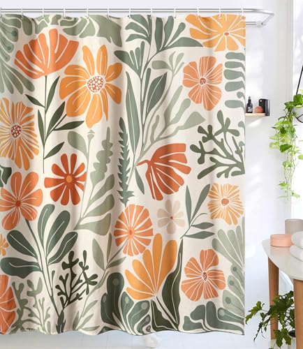 RoomTalks Cute Colorful Floral Extra Long Shower Curtain 78 Inch Funky Aesthetic Bathroom Decor - Heavy Duty Modern Abstract Matisse Flowers Plants Botanical Shower Curtain Set - color: Green and Terracotta, size: 72"W x 78"L (Pack of 1)