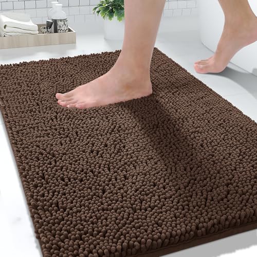 Yimobra Washable Bathroom Rugs, Super Soft & Absorbent Chenille Bath Mat for Floor & Carpet, Quick Dry Non Slip Bath Mat for Tub Shower, 24" x 17",Brown - color: Brown, size: 24" X 17"