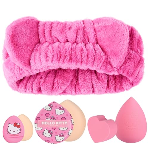 Get Trend Hello Kitty Sanrio Makeup Brush Sponge Set for Girls, Teens with Headband Powder Puffs Soft Brushes Beauty Sponges, Kawaii Gifts for Girls (Pink Hello Kitty) - color: Pink Hello Kitty
