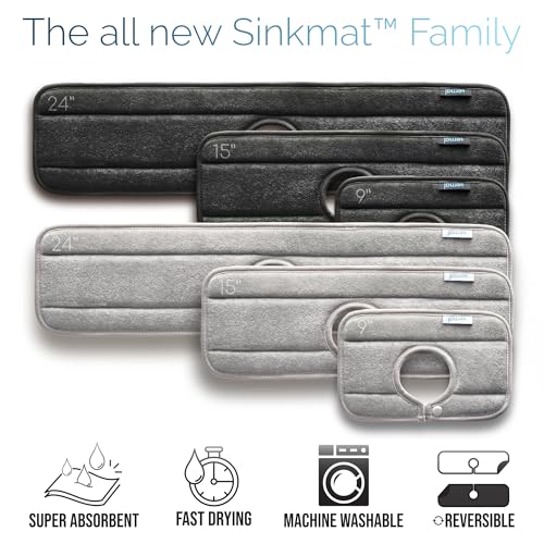The Original Machine Washable Kitchen Sink Mat by Ternal, Absorbent Microfiber Fabric with Anti-Slip Silicone Backing, Splash Guard and Drip Catcher Around Faucet Handles. [2 Pack] (Black, Mini 9in)
