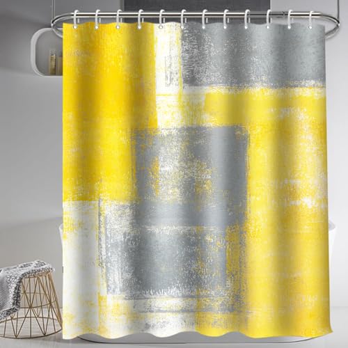 Lnond 4Pcs Bathroom Shower Curtain Sets with Rugs,Yellow and Grey Painting Art Bathroom Sets with Shower Curtain and Rugs and Accessories - color: Yellow Grey Abstract-01