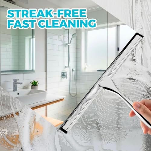 ALFLOD 2 Pack 12 Inch Shower Squeegee for Glass Doors with Adhesive Hooks | silver finish, rubber blades, metal handles, 12 inch width, 2 squeegees, smooth surface cleaning and hanging storage - color: Silver, size: 12 Inch