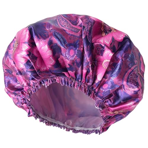 4 PCS Shower Cap for Women, Elastic and Reusable Bath Caps, Double Layers Shower Caps Reusable Waterproof, Bathing Shower Caps, Environmental Bath Hair Protection Cap - Printing Flower D - color: Printing Flower D