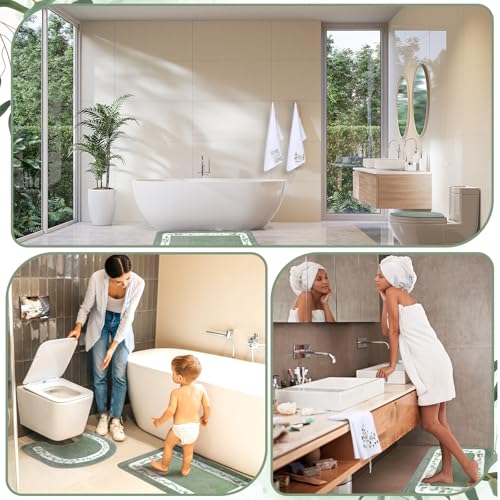Nuanchu 6 Pcs Sage Green Bathroom Rugs Set with Eucalyptus Leaves Hand Flowers Towels Non Slip U-Shaped Fresh Toilet Rug Water Absorption Bath Mat for Bathroom Bedroom Living Room - color: Green, style: Eucalyptus Leaves