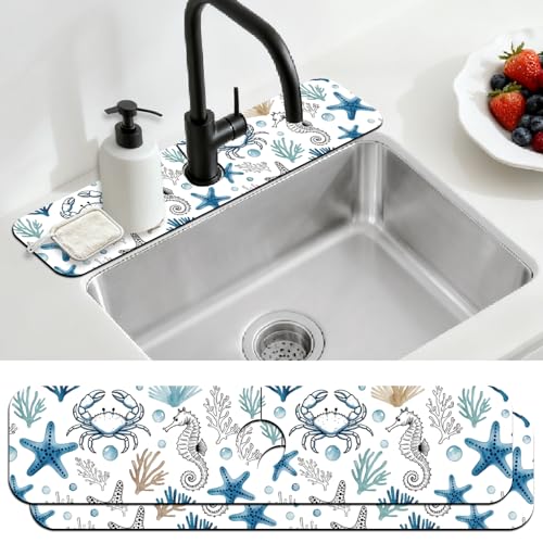 2 Pcs Summer Kitchen Sink Splash Guard Faucet Mat Marine Animals Faucet Mat for Sinks Absorbing Drying Mats for Kitchen Bathroom, 23.6x5.5inch - color: Marine Animals