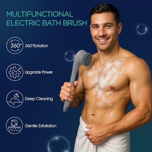 VOYOR Electric Body Brush Back Scrubber Silicone Body Scrubber Two-Way Rotating Brush Head for Deep Cleaning, Exfoliation, 4 Attachments Long Handle IPX6 Rechargeable Shower Brush BC300 (Grey) - color: Grey