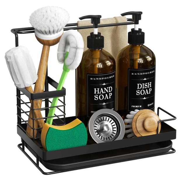 Kitchen Dish Soap Dispenser Set with 2 Pack 17oz Amber Glass Bottles - Rustproof Stainless Steel Organizer & Removable Tray - Farmhouse Soap and Sponge Caddy for Kitchen Sink Countertop Decor