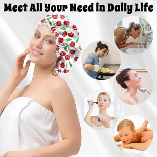 Luxury Shower Cap Satin Lined Reusable Waterproof Double Layer Elastic Adjustable Hair Bath Cap Cute Aesthetic Women Girls-Cherry - color: F4-Cherry