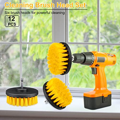 Drill Brush Attachment Power Scrubber Cleaning Kit Multi Purpose Drill Brush Set Drill Scrubber Brush Kit Cleaning Brushes for Drill Bathroom Surfaces Tub Grout Shower Kitchen (Yellow, 12 Pcs)