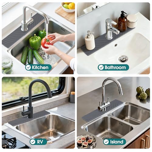 Quick Dry Stone Faucet Mat for Kitchen Sink - 23.6"x3.9" Natural Diatomite Stone Drying Mat for Kitchen Counter, Auto Drainage Sink Protector, Water Splash Guard for Bathroom (Dark Grey)