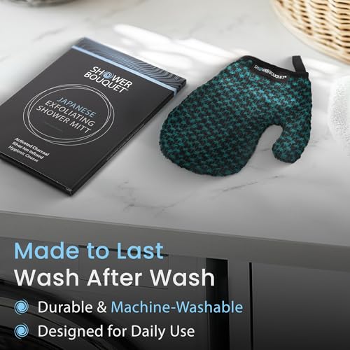 Japanese Exfoliating Mitt 2-Pack - Charcoal & Silver Ion Exfoliating Gloves for Shower - Soft Inner Fabric Gentle Exfoliation & Deep Cleansing Body Scrub Gloves for All Skin Types - 1 Blue, 1 Green - color: Charcoal Blue + Charcoal Green, size: 1 Count (P
