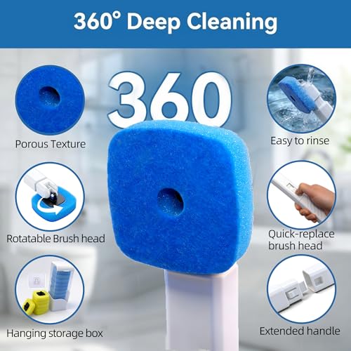 Disposable Toilet Bowl Brush with 12 Refills, Plastic Handle, Blue and Yellow, Dual-Color Sponge Heads, Toilet Cleaning Starter Kit (Plastic Handle with 12 Refills)
