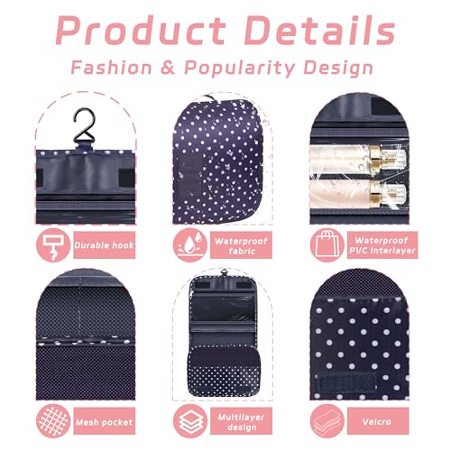 Toiletry Bag Travel Bag with Hanging Hook, Waterproof Capacity Hanging Multifunctional Makeup Bag for Toiletries, Portable Cosmetic Bag Travel Organizer for Women and Men(Navy Dot) - color: C4-Navy Dot