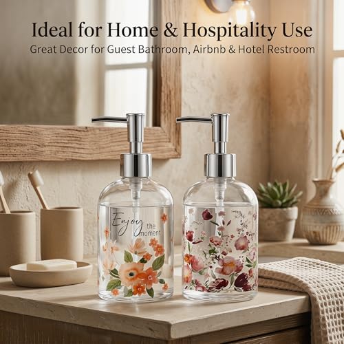 Topadorn Floral Glass Soap Dispenser Set of 2, 17oz Refillable Hand & Dish Soap Pump Bottles for Kitchen, Bathroom Counter Decor, Farmhouse Accessories - color: Pink Floral