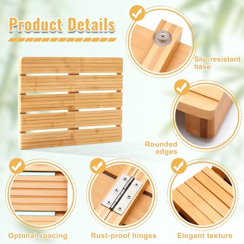Foldable Bamboo Bath Mat for Shower, 19.68" x 14.17" in Non-Slip Wood Bathroom Rug, Quick-Dry Waterproof Carpet for Indoor Outdoor Use by Sink, Tub, Pool - size: 19.7" x 14.2" (Rectangular)