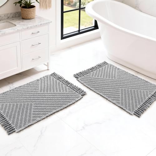 H.VERSAILTEX Waffle Bath Mat Super Absorbent Boho Bath Mat Non Slip Bath Rugs for Bathroom Floor Machine Washable Dry Fast Bathroom Rugs with Tassels (17 x 24 Plus 17 x 24 Inches, Dove) - color: Dove, size: 17" x 24" Plus 17" x 24"