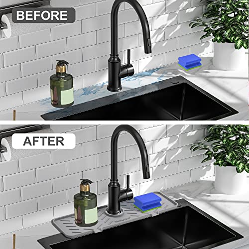 Silicone Faucet Mat for Kitchen Sink – Gen 2 Splash Guard with Upgraded Outlet & Slope – 18” x 5.1” Water Catcher & Sink Sponge Holder for Kitchen and Bathroom (Gray) - color: Gray, size: 18 in