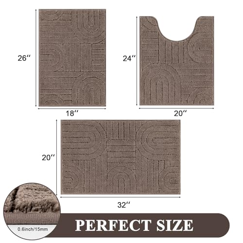 Vaukki Bathroom Rugs Sets 3 Piece, Brown Washable Non Slip Soft Bath Mats for Shower and Tub, Plush Absorbent Microfiber Toilet Rug U Shaped, 32x20+26x18+24x20 Inch - color: Brown, size: 18''x26''+20''x32''+20''x24''