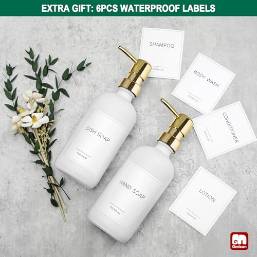 GMISUN White Soap Dispenser, 2 Pack Glass Hand Soap Dispensers Bathroom with Gold Pump, 17 Fl Oz Dish Soap Dispenser Set for Kitchen, Refillable Modern Liquid Soap and Lotion Dispensers Bottle - color: White Bottle + Golden Pump