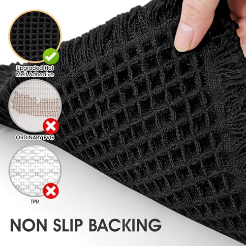 IM HOME Waffle Bath Mat Set 2 Piece Black,Woven Modern Bath Rug Mats, Absorbent Non Slip Bath Floor Mat, Soft Washable Boho Bath Rugs with Tassels for Bathroom, Bedroom, Kitchen,Tub - color: Black, size: 24′′×17′′ + 60′′×24′′