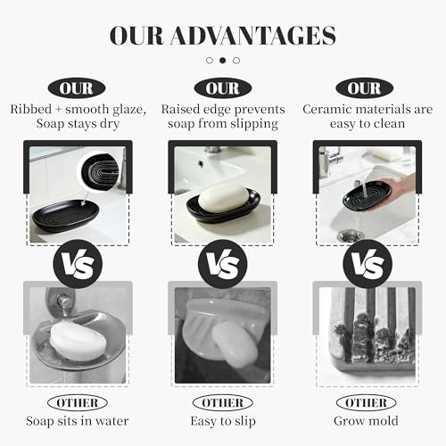 Black Soap Dish for Bathroom & Kitchen Sink – Ceramic Raised Center Keeps Soap Dry & Easy Clean, Heavy Base Stays Put on Wet Surfaces; Also Holds Soap Bars, Sponges, Jewelry, Keys & Small Items - color: Black