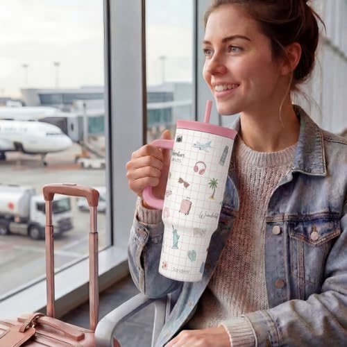 SANDJEST Travel Lover Stainless Steel Locking Lid Silicone Straw Tumbler with Handle 40oz, Insulated Stainless Steel Travel Cup for Women Girls Friends, Gift Idea for Birthday Christmas - color: Travel Lover