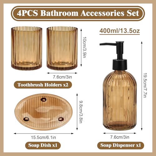 Topsky 4 Pcs Glass Bathroom Accessories Set,13.5oz Liquid Hand Soap Dispenser with Toothbrush Holder,Mouthwash Cup,Soap Dish for Bathroom Countertop,Colored Vertical Stripe Design,Heavy Weight,Amber
