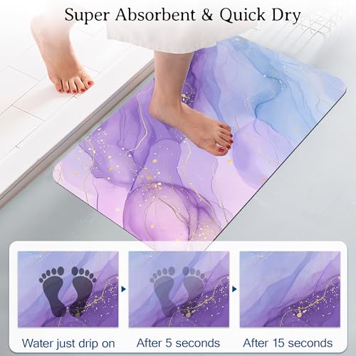 Elightvap Purple Golden Marble Bathroom Mat Quick Drying Non Slip Bath Mats Absorbent,Bath Mat Quick Dry Bathroom Rug in Front of The Kitchen Sink, Shower Room, Bathtub,17 * 29.5 Inches - color: Purple Golden Marble