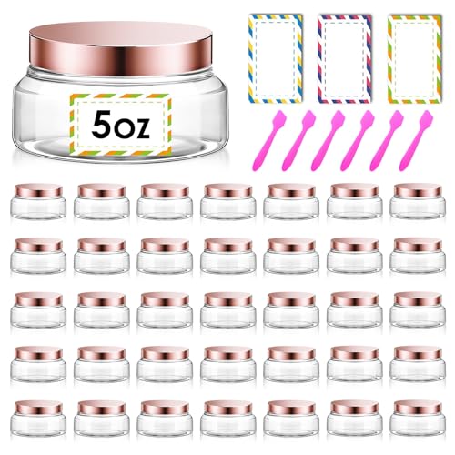 36 Pack 5 oz Plastic Cosmetic Containers With Lids Refillable Clear Empty Travle Jars Containers for Body Butter,Sugar Scrubs,Cream,Lotions,Candy, Waterproof Label&Spatulas - (Rose Gold Lid) - color: Clear-Rose Glod Lid, size: 5 OZ