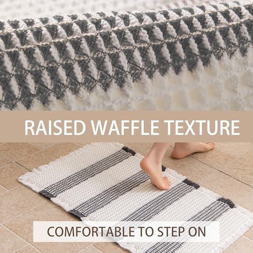 Waffle Bath Mat Non Slip, Boho Bathroom Rug, Super Absorbent Quick Dry Bathroom Mat, Soft Farmhouse Bath Rug with Tassels, Small Washable Shower Mats for Floor 20"x32", White and Grey - color: Grey and White, size: 1'8" x 2'8" (Rectangular)