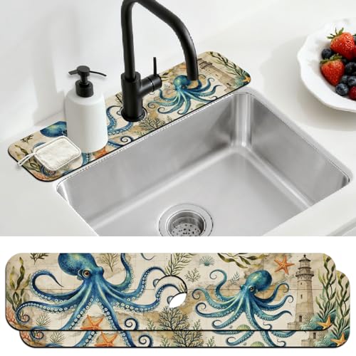 2 Pcs Kitchen Sink Splash Guard Faucet Mat Retro Ocean Octopus Pattern Faucet Mat for Sinks Flower Absorbing Drying Mats for Kitchen Bathroom - color: Ocean Octopus