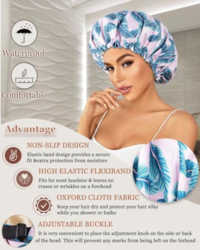 Luvruitaky Large Shower Caps for Women Reusable Waterproof Satin Lined Shower Cap with Adjustable Band Double Layer Design Luxury Washable Bath Hair Bonnet (Pink Palm) - color: Pink Palm