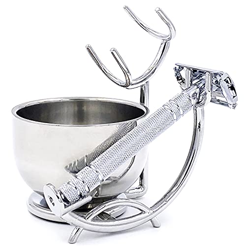 SANWA Grooming Shaving Kit for Men,Shaving Razor and Brush Stand with Stainless Steel Shaving Soap Bowl - color: Silver Stand Bowl