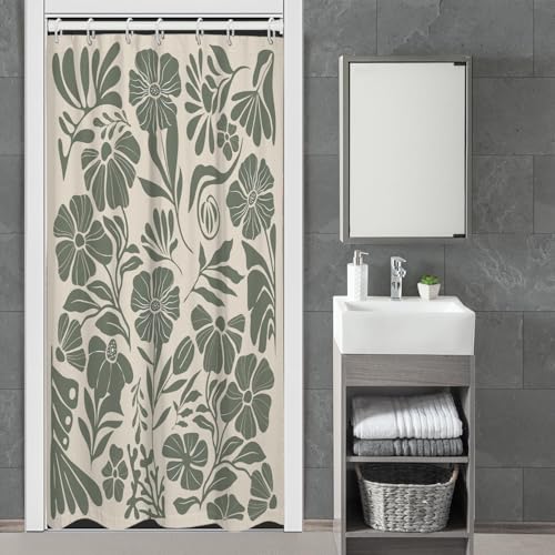 Stall Shower Curtain 36x72 inch, Sage Green Boho Floral Design Bathroom Decor, Narrow Small Size for Single Walk-in, Polyester Fabric with 7 Hooks - color: Green, size: 36"W x 72"L (Pack of 1)