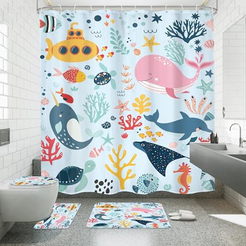 4 PCS Blue Kids Bathroom Set Summer Ocean 72Wx72H Shower Curtain Set Bath Rug Toilet Lid Cover Nonslip U Shape Mat Whale Funny Cartoon Cute Animal Resistant Accessories 12 Hooks Bathroom Decor - color: A 02 Blue, size: 72"W x 72"L (Pack of 4)