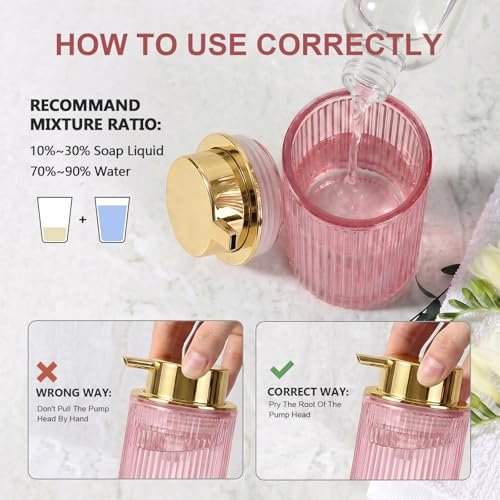 KASUNTING Pink Glass Foaming Soap Dispenser, Ribbed Foam Hand Soap Dispenser for Bathroom, 11 Fl Oz Refillable Foaming Pump Bottle with Black Pump, Modern Dish Soap Foam Dispenser - color: Pink Bottle+ Gold Pump, size: Foam-1 Pack