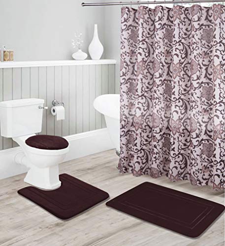 Bathroom Collection Coffee/Brown 16pc Bathroom Accessory Set - Non-Slip Bath Mat, Non-Slip Contour Mat, Toilet Lid Cover and Waterproof Shower Curtain with Rustproof Metal Roller Hooks - color: Coffee/Brown