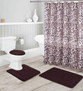 Bathroom Collection Coffee/Brown 16pc Bathroom Accessory Set - Non-Slip Bath Mat, Non-Slip Contour Mat, Toilet Lid Cover and Waterproof Shower Curtain with Rustproof Metal Roller Hooks - color: Coffee/Brown