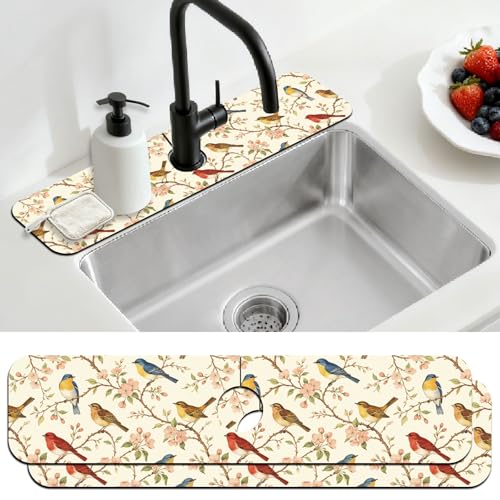 2 Pcs Kitchen Sink Splash Guard Faucet Mat Vintage Watercolor Bird Pattern Faucet Mat for Sinks Flower Absorbing Drying Mats for Kitchen Bathroom - color: Watercolor Bird