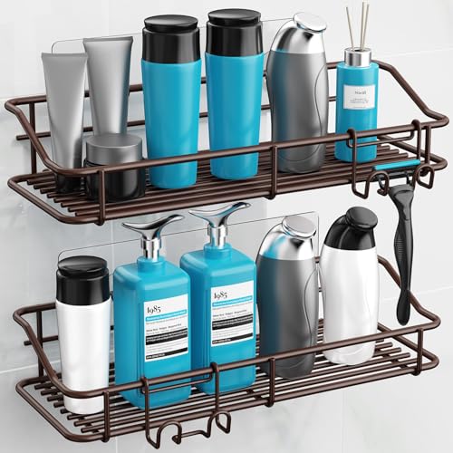 Nieifi Shower Caddy Shelf with Hooks Storage Rack Organizer Adhesive Stainless Steel without Drilling for Bathroom, Lavatory, Washroom, Restroom, Shower, Toilet, Kitchen (Brown, 3 Pack) - color: Brown, size: 3 Pack