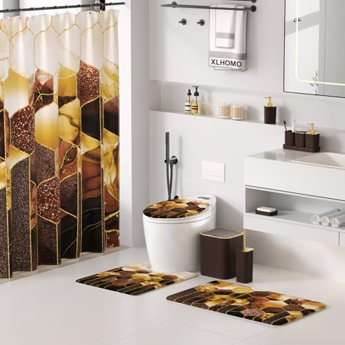 XLHOMO Bathroom Set - 26PC Bathroom Set with Shower Curtain and Rugs, Bathroom Accessory Set, Brown Bathroom Accessories Set, Trash Can & Soap Dispenser - style: Traditional