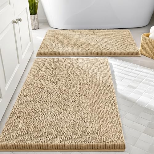 Smiry Bathroom Rugs Sets 2 Piece, Soft Absorbent Chenille Machine Washable Non Slip Shaggy Bath Rug Set for Tub, Shower, and Floor (30x20+24x16, Beige) - color: Beige, size: 30"x20"+24"x16"