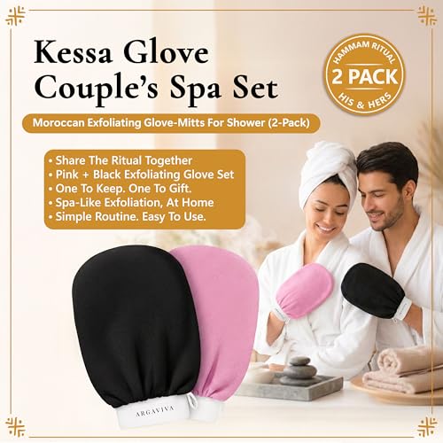 Moroccan Exfoliating Glove for Shower - Kessa Hammam Body Scrub Gloves, Exfoliating Mitt, Bath Mitt - Couple's Spa Set, 2 Pack His and Hers, Pink and Black