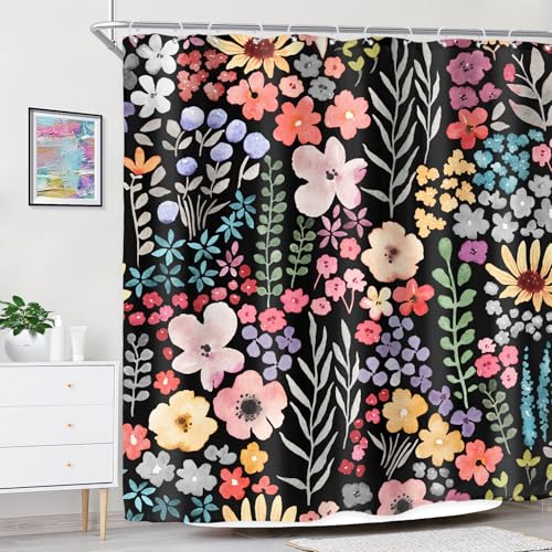 Riyidecor Extra Long Black Floral Shower Curtain for Bathroom Decor 72Wx84H Watercolor Cute Plants Spring Girly Women Colorful Boho Art Printed Fabric Polyester Waterproof 12 Pack Plastic Hook - color: E-black, size: 72"W x 84"L (Pack of 1)