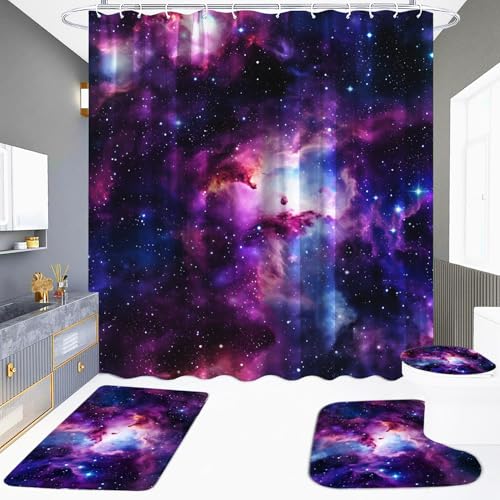 Space Galaxy Shower Curtain Bathroom Sets 4 Piece, Outer Star Themed Starry Shower Curtain Purple Trippy Universe Nebula Bath Mat with Non-Slip Rugs, Toilet Lid Cover Restroom Bathtub Home Decorations - color: Galaxy