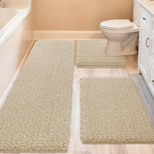 ACCUMTEK Upgrade Extra Large Beige Bathroom Rug Set 3 Pieces Ultra Soft, Thick Absorbent Bath Mats, Non Slip Chenille Toilet Mat for Bathroom, Bedroom, Kitchen - color: Beige, size: 48"x20"+24"x17"+U Shape24"x20"